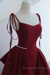 Wine Red Satin Straps Long Party Dress, Wine Red Floor Length Formal Dress Semi Formal Prom Dress